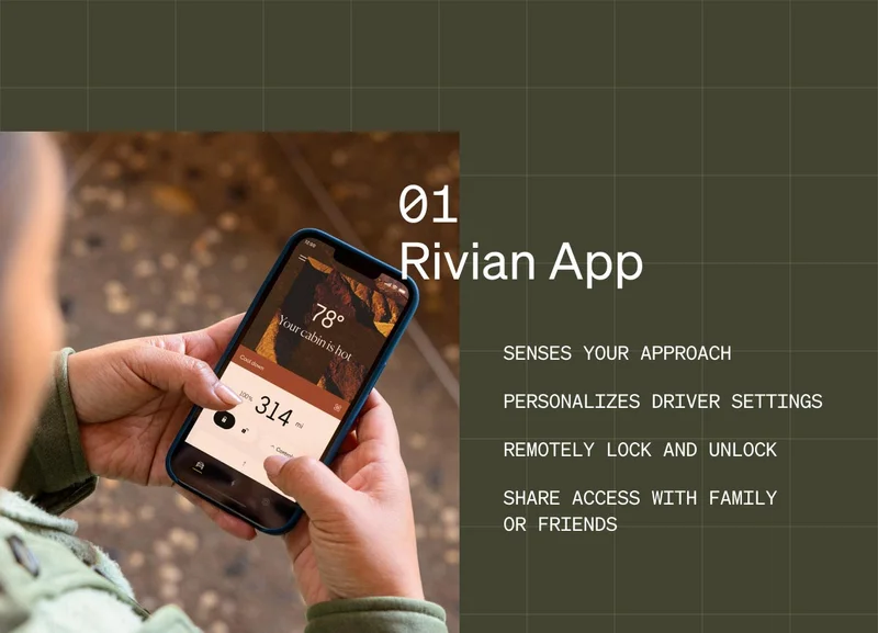 01: Rivian App - SENSES YOUR APPROACH - PERSONALIZES DRIVER SETTINGS - REMOTELY LOCK AND UNLOCK - SHARE ACCESS WITH FAMILY OR FRIENDS