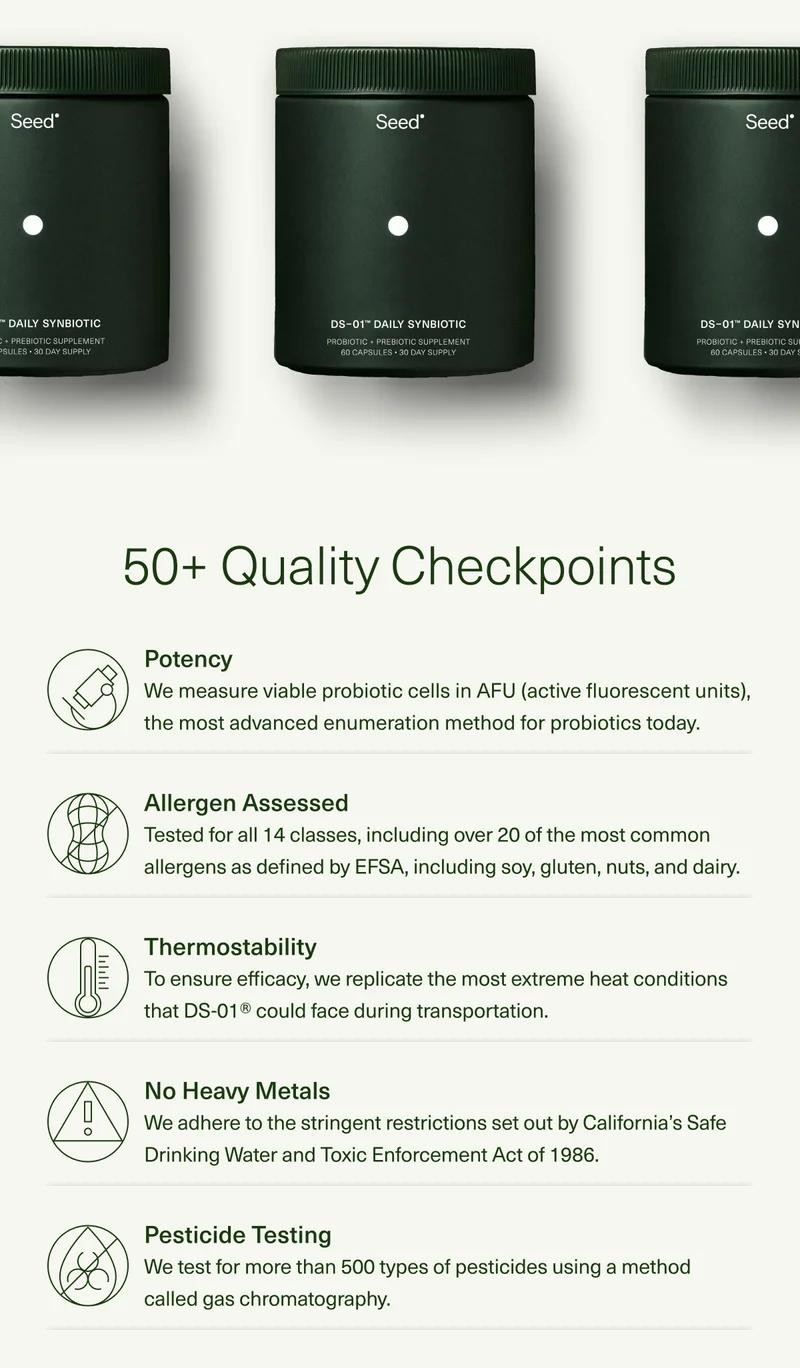 50+ Quality Checkpoints Potency - We measure viable probiotic cells in AFU (active fluorescent units), the most advanced enumeration method for probiotics today. Allergen Assessed - Tested for all 14 classes, including over 20 of the most common allergens as defined by EFSA, including soy, gluten, nuts, and dairy. Thermostability - To ensure efficacy, we replicate the most extreme heat conditions that DS-01® could face during transportation. No Heavy Metals - We adhere to the stringent restrictions set out by California’s Safe Drinking Water and Toxic Enforcement Act of 1986. Pesticide Testing - We test for more than 500 types of pesticides using a method called gas chromatography.