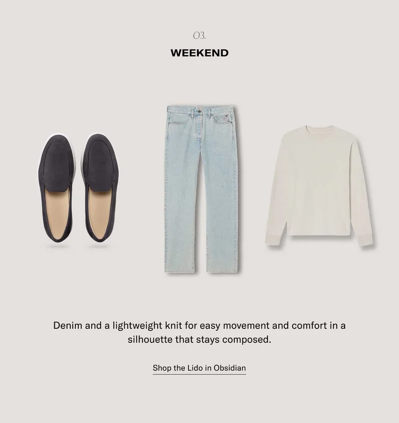 o3. Weekend Denim and a lightweight knit for easy movement and comfort in a silhouette that stays composed. Shop the Lido in Obsidian