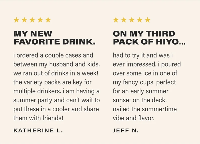 ⭐⭐⭐⭐⭐ MY NEW FAVORITE DRINK. i ordered a couple cases and between my husband and kids, we ran out of drinks in a week! the variety packs are key for multiple drinkers. i am having a summer party and can’t wait to put these in a cooler and share them with friends! - KATHERINE L. ⭐⭐⭐⭐⭐ ON MY THIRD PACK OF HIYO… had to try it and was i ever impressed. i poured over some ice in one of my fancy cups. perfect for an early summer sunset on the deck. nailed the summertime vibe and flavor.  JEFF N.