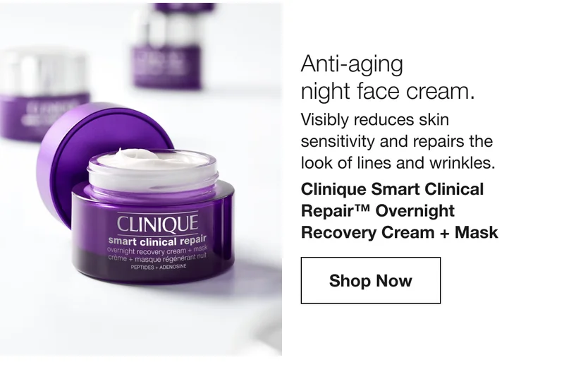 Anti-aging night face cream. Visibly reduces skin sensitivity and repairs the look of lines and wrinkles. Clinique Smart Clinical Repair TM Overnight Recovery Cream + Mask | Shop Now