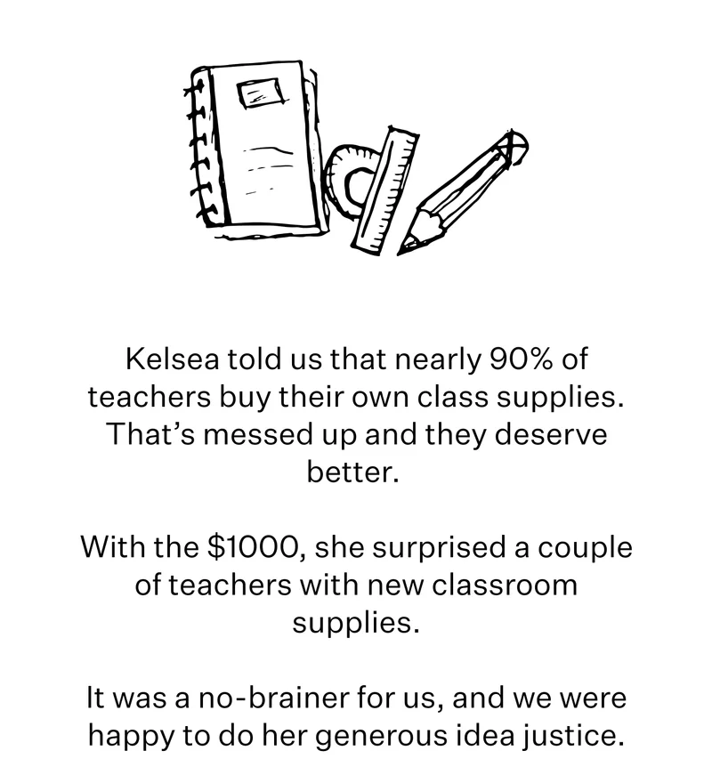 Kelsea told us that nearly 90% of teachers buy their own class supplies. That’s messed up and they deserve better.&nbsp;| With the $1000, she surprised a couple of teachers with new classroom supplies. | It was a no-brainer for us, and we were happy to do her generous idea justice.