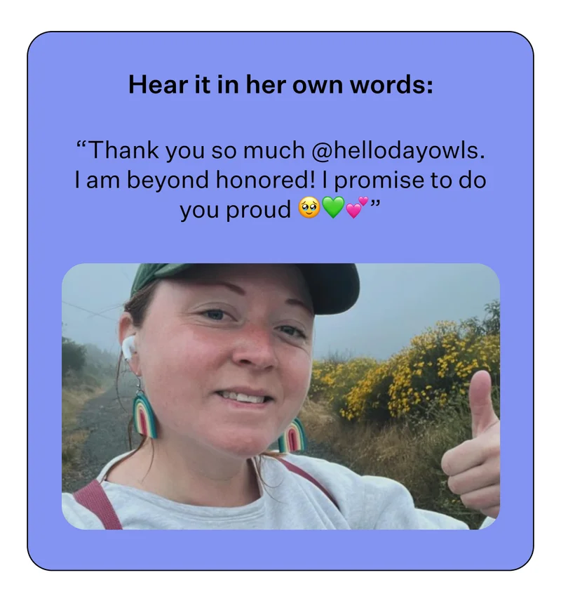Hear it in her own words: “Thank you so much @hellodayowls. I am beyond honored! I promise to do you proud 🥹💚💕”