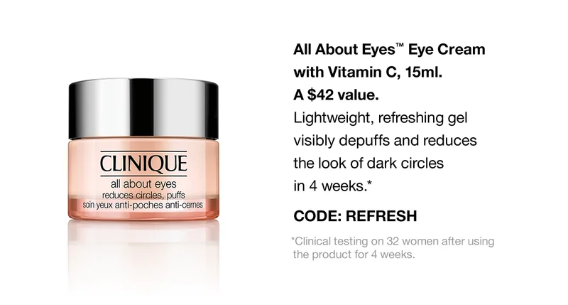 All About Eyes™ Eye Cream with Vitamin C, 15ml. A $42 value. Lightweight, refreshing gel visibly depuffs and reduces the look of dark circles in 4 weeks.* CODE: REFRESH *Clinical testing on 32 women after using the product for 4 weeks.