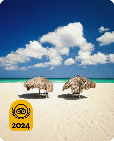 Image Description: Two lounge chairs under two palm tree umbrellas on a sandy beach facing the ocean. A gold Travelers’ Choice Awards Best of the Best 2024 badge is on the bottom left corner.