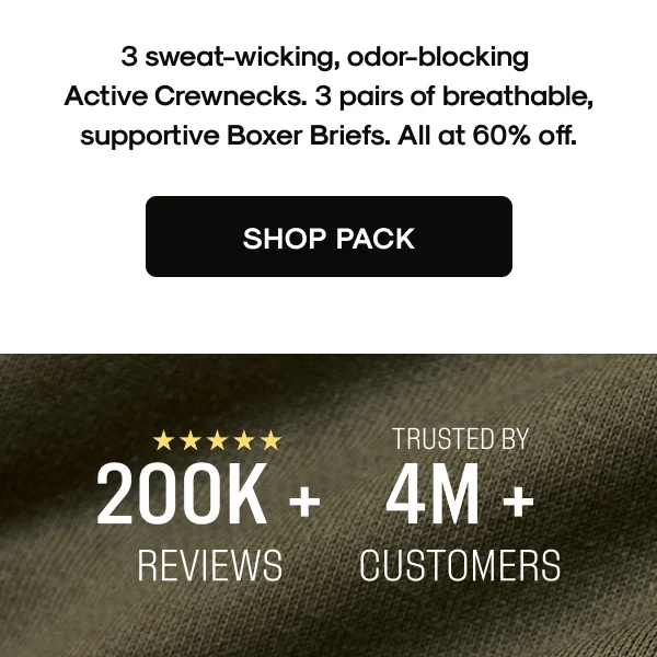 3 sweat-wicking, odor-blocking Active Crewnecks. 3 pairs of breathable supportive Boxer Briefs. All at 60% off.