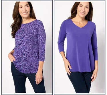 Susan Graver Set of 2 Print & Solid Liquid Knit A-Line Tops