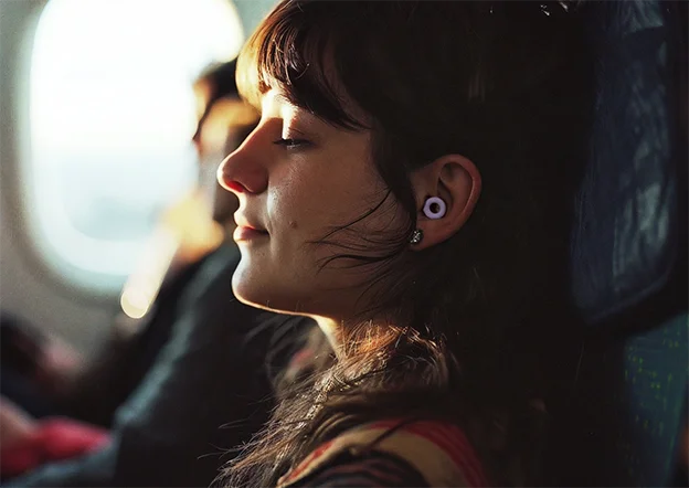 A woman relaxes on a plane wearing Loop earplugs.