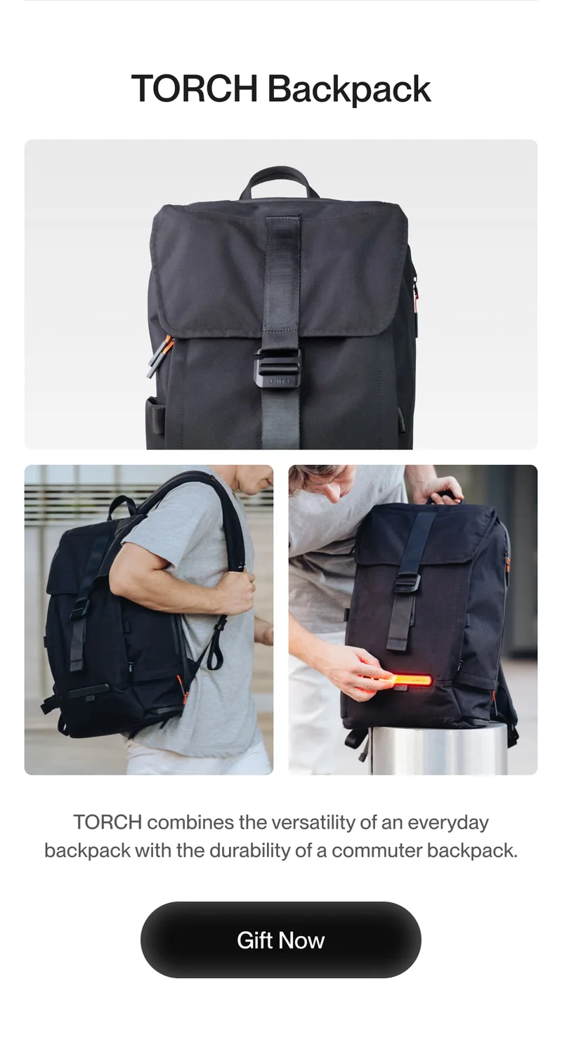 Torch backpack with built-in LED lights for enhanced visibility. Versatile, durable design for everyday use. Find the perfect gift now.