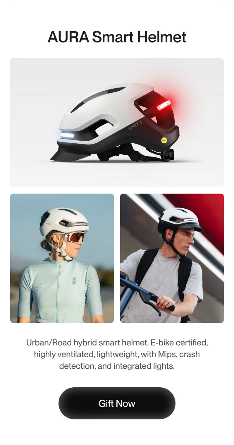AURA Smart Helmet for urban and road cyclists, featuring integrated lights, crash detection, and ventilation for safety and comfort."