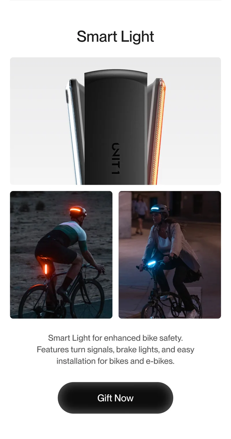 Smart lights for enhanced bike safety with turn signals, brake lights, and easy installation. Perfect holiday gift for cyclists.