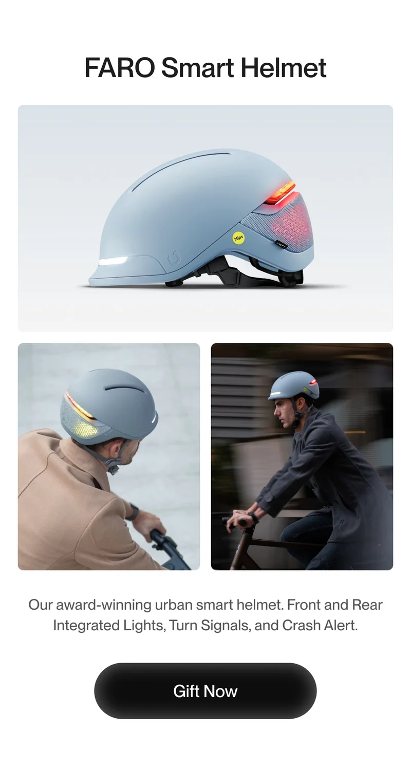 FARO Smart Helmet with front and rear integrated lights, turn signals, and crash alert for enhanced urban biking safety.