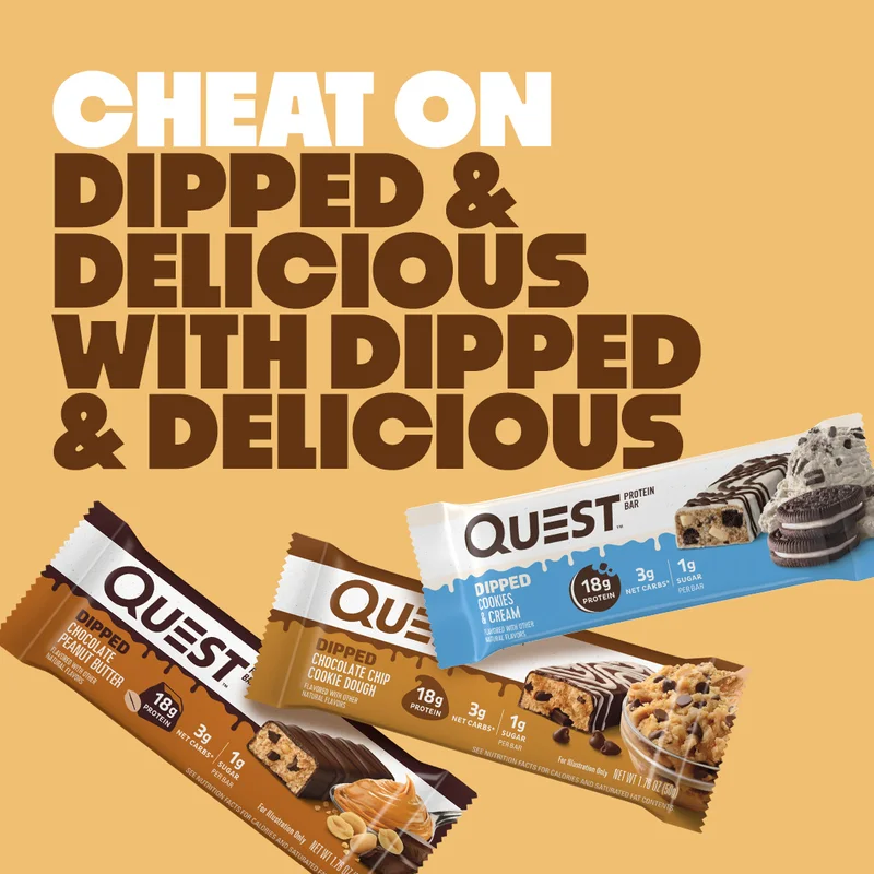 Quest’s new Dipped Protein Bars in Chocolate Peanut Butter, Cookies & Cream, and Chocolate Chip Cookie Dough flavors.