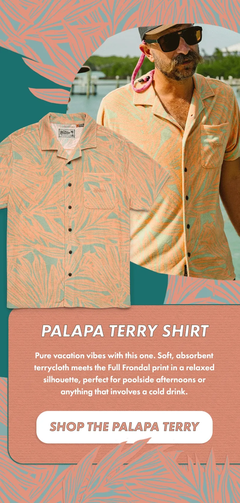 Pure vacation vibes with this one. Soft, absorbent terrycloth meets the Full Frondal print in a relaxed silhouette, perfect for poolside afternoons or anything that involves a cold drink.