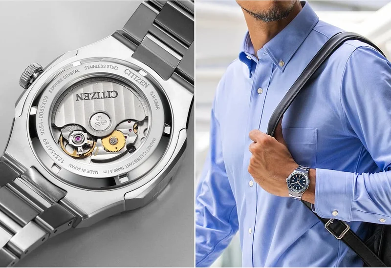 Series8 880 GMT Caseback / Image of a man in a blue shirt with a backpack.