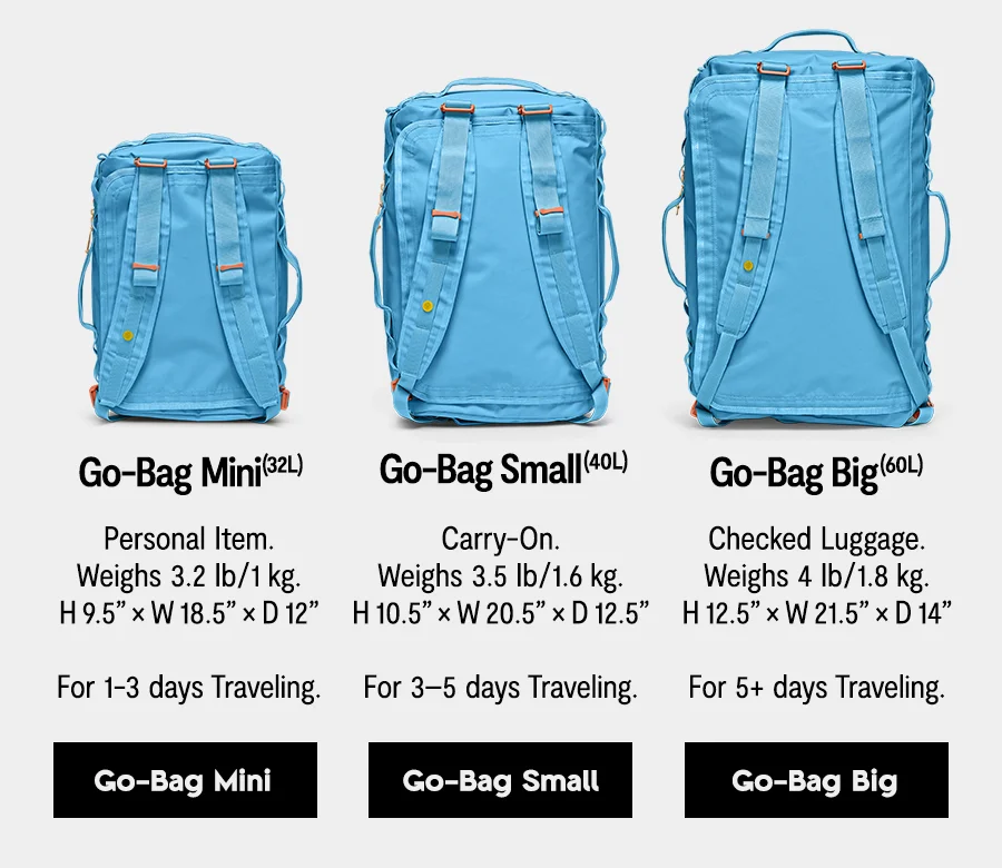 Compare the three Go-Bag sizes.