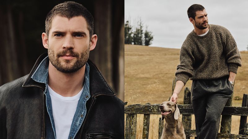 actor david corenswet in a jacket and shirt (left) and in a field with a dog (right)