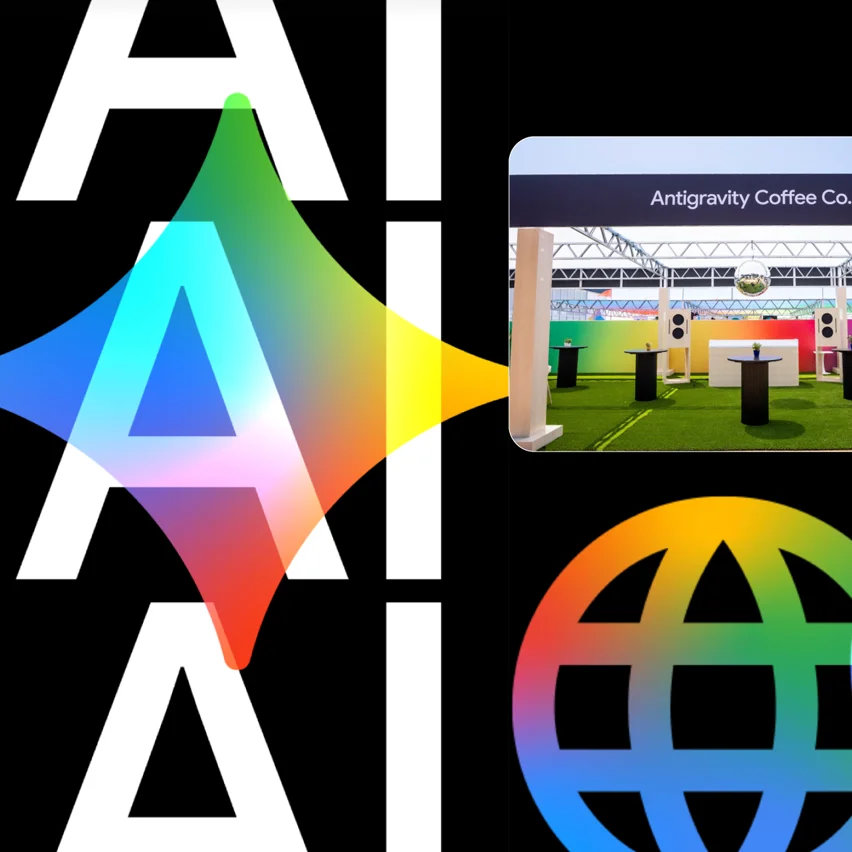 'AI' pattern background with a glowing rainbow star and an inset photo of Antigravity Coffee Co.