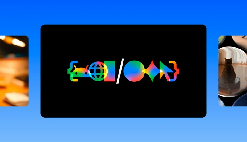 Black banner with colorful tech icons on a blue gradient background, flanked by a blurred thumbnail and a cat on a robot vacuum.