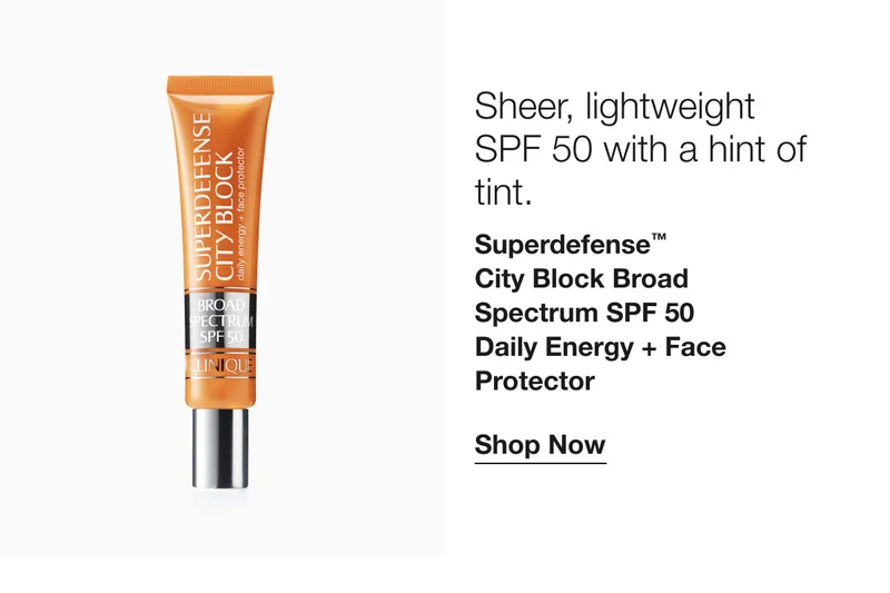 Sheer, lightweight SPF 50 with a hint of tint. | Superdefense™ City Block Broad Spectrum SPF 50 Daily Energy + Face Protector | Shop Now