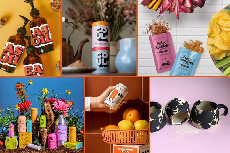 A colorful collage of different products from different brands.