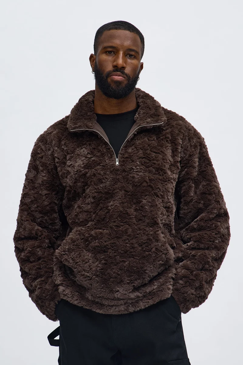 Image of Relaxed Quarter Zip Faux Fur Jacket - Brown