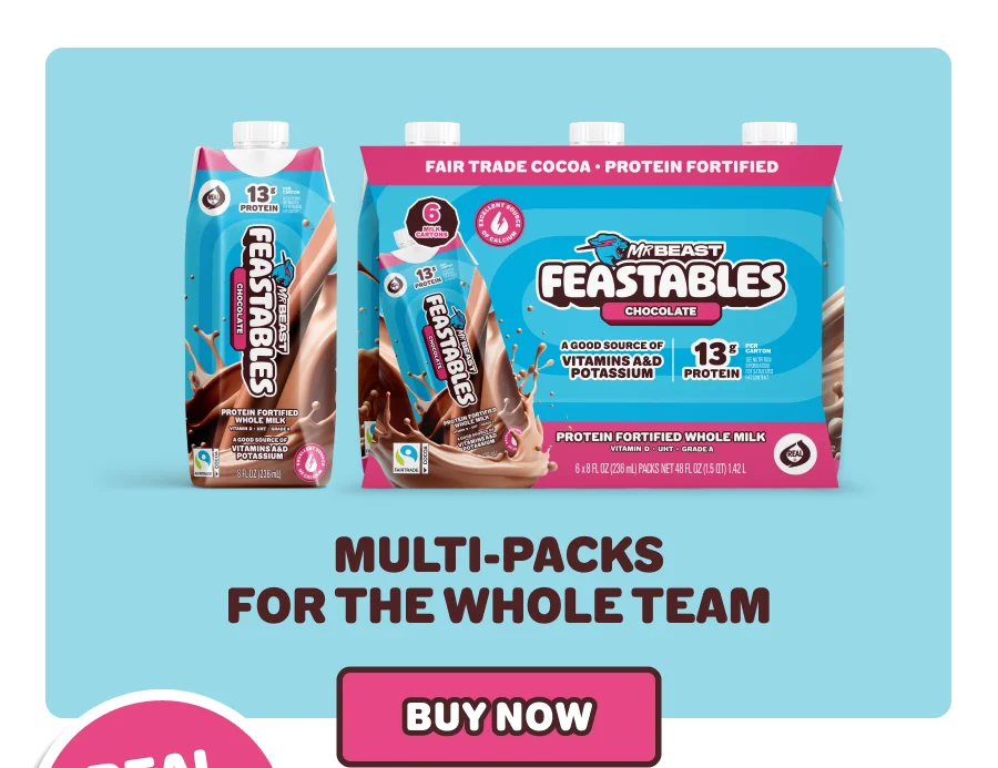 Multi-packs for the whole team! Feastables chocolate milk is made with real whole milk & is shelf-stable. Shop now!