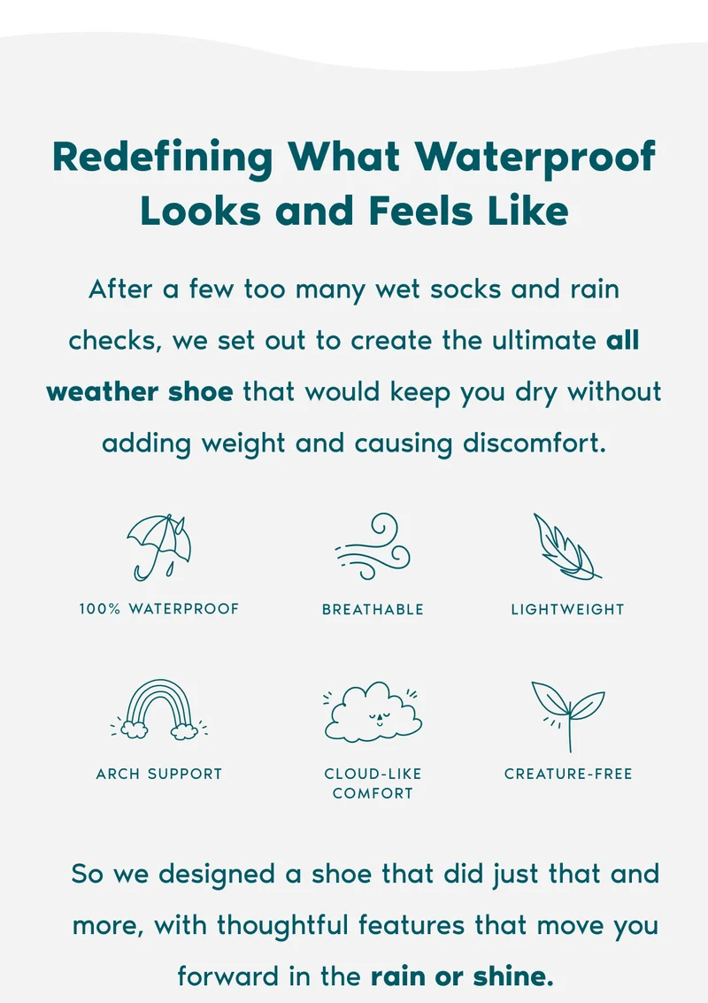 Redefining What Waterproof Looks and Feels Like. After a few too many wet socks and rain checks, we set out to create the ultimate all-weather shoe that would keep you dry without adding weight and causing discomfort.  So we designed a shoe that did just that and more, with thoughtful features that move you forward in the rain or shine.
