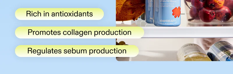 Rich in antioxidants  |  Promotes collagen production  |  Regulates sebum production