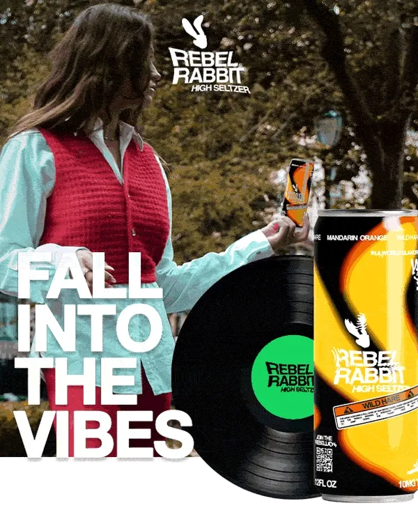 Rebel Rabbit - Fall Into the Vibes - Vinyl spinning next to Mandarin Orange Wild Hare can