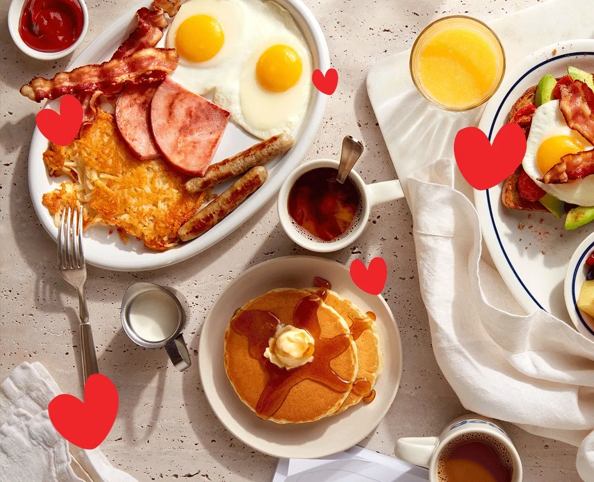 A selection of breakfast menu items with Valentine's Day hearts