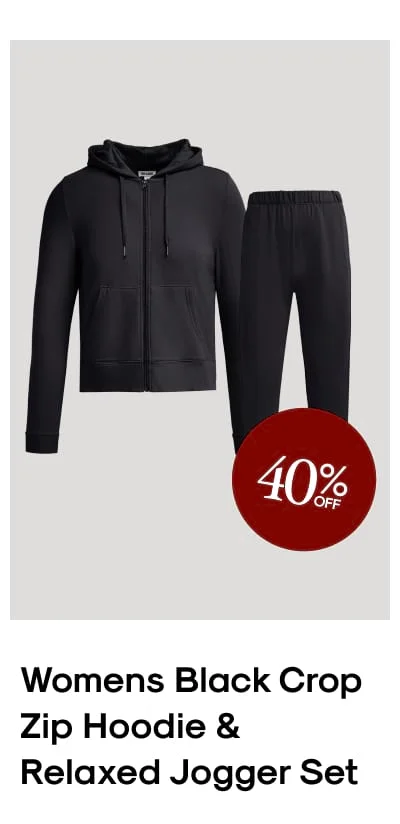 Woman in Womens Black Crop Zip Hoodie & Relaxed Jogger 2-Pack. Woman in Womens Black Crop Zip Hoodie & Relaxed Jogger 2-Pack. Womens Black Crop Zip Hoodie & Relaxed Jogger set from behind. Woman wearing Womens Black Crop Zip Hoodie from 2-Pack set. Womens Black Slouch Pullover Crew & Relaxed Jogger 2-Pack with sneakers. Womens Black Slouch Pullover Crew & Relaxed Jogger detail view. Womens Black Slouch Pullover Crew & Relaxed Jogger texture close-up.   🔥 Cyber Monday Black Crop Zip Hoodie & Relaxed Jogger Set