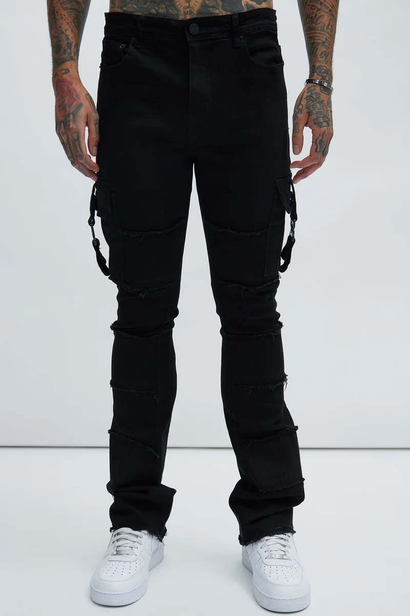 Image of Lined Fray Cargo Flare Jeans - Black