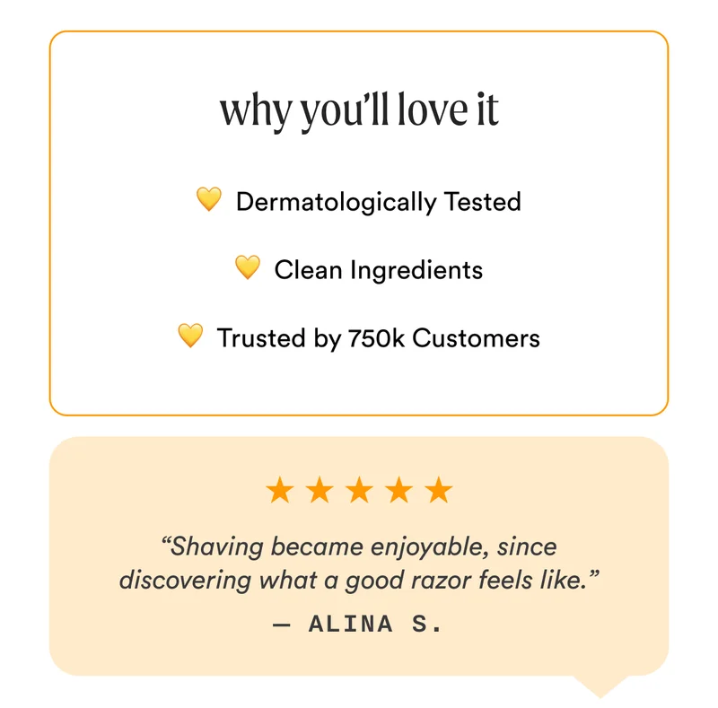 why you'll love it - 💛  Dermatologically Tested -  💛  Clean Ingredients -  💛  Trusted by 750k Customers. - “Shaving became enjoyable, since discovering what a good razor feels like.” — Alina S.