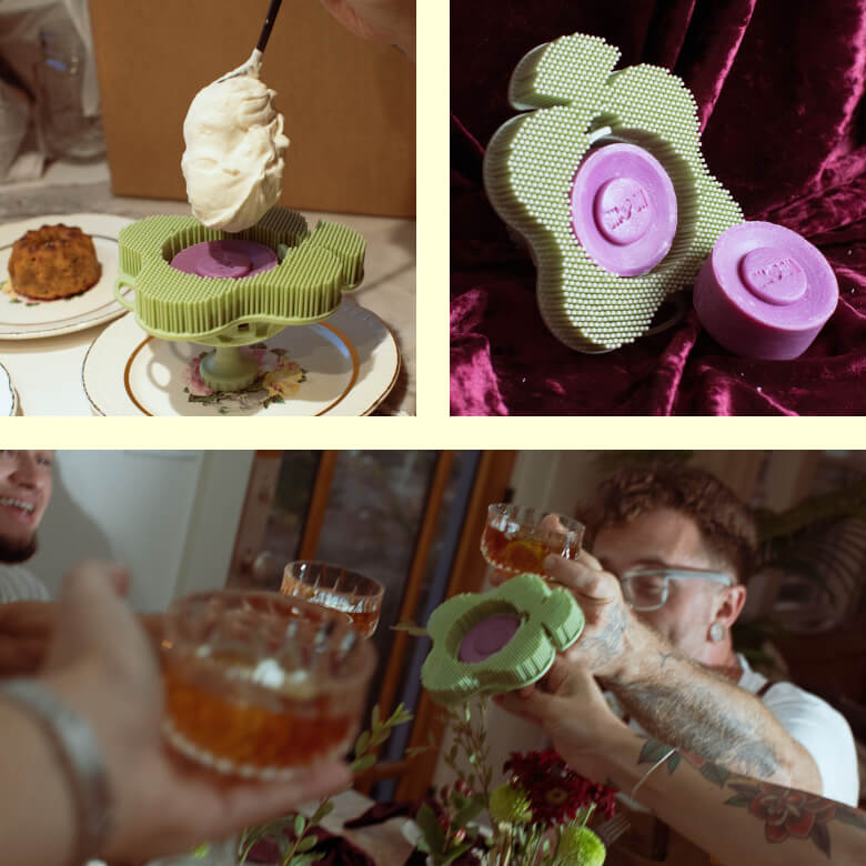 A panel of three images featuring Smoosh Scrubber and Fig body bar soaps