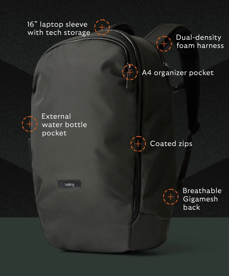 Fits 16” laptops Full clamshell opening Quick access front pocket Soft-lined sunglasses pouch External water bottle pocket Luggage pass-through