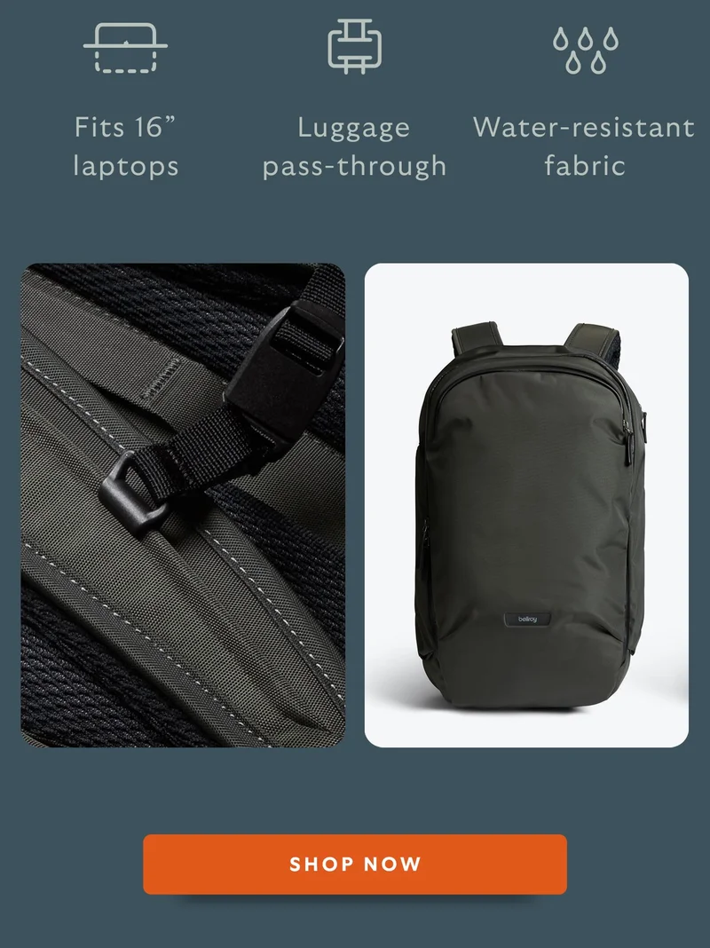 Fits 16" laptops. Luggage pass-through. Water-resostant fabric