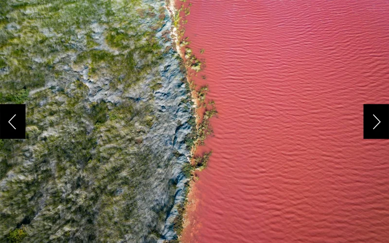 An aerial view of the Pink Lake at Hutt Lagoon in Western Australia