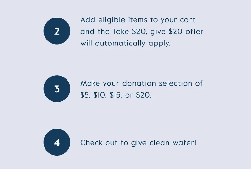Add eligible items to your cart and the take $20, give $20 offer will automatically apply. Make your donation selection, then check out to give clean water!