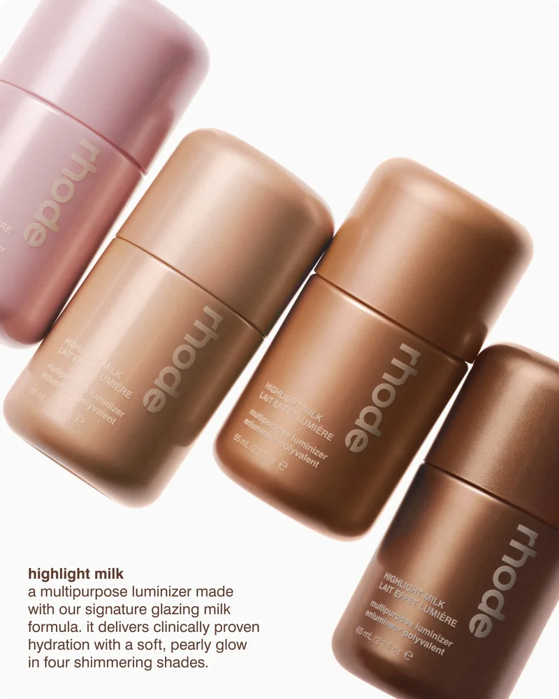 highlight milk​ - a multipurpose luminizer made with our signature glazing milk formula. it delivers clinically proven hydration with a soft, pearly glow in four shimmering shades. ​