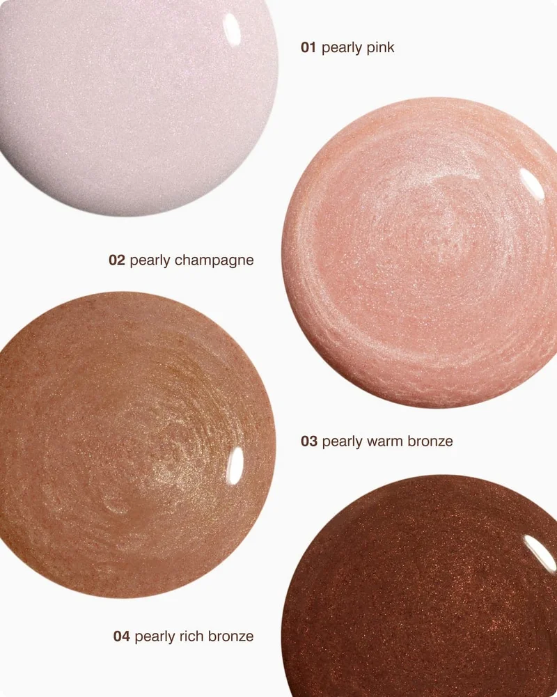 01 pearly pink. 02 pearly champagne. 03 pearly warm bronze. 04 pearly rich bronze.