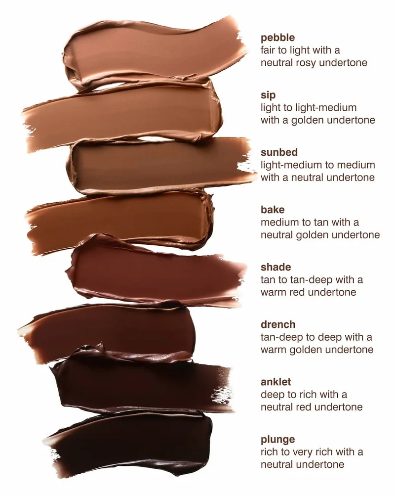 pebble - fair to light with a neutral rosy undertone. sip - light to light-medium with a golden undertone. sunbed - light-medium to medium with a neutral undertone. bake - medium to tan with a neutral golden undertone. shade - tan to tan-deep with a warm red undertone ​ drench tan-deep to deep with a warm golden undertone. anklet - deep to rich with a neutral red undertone. plunge - rich to very rich with a neutral undertone​.