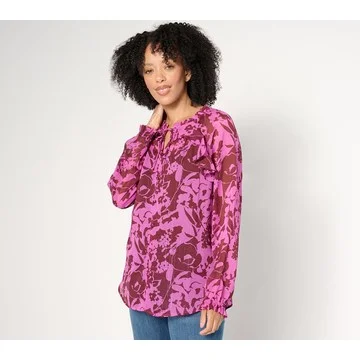 Denim & Co. Signature Raglan Sleeve Ruffle Detail Printed Top