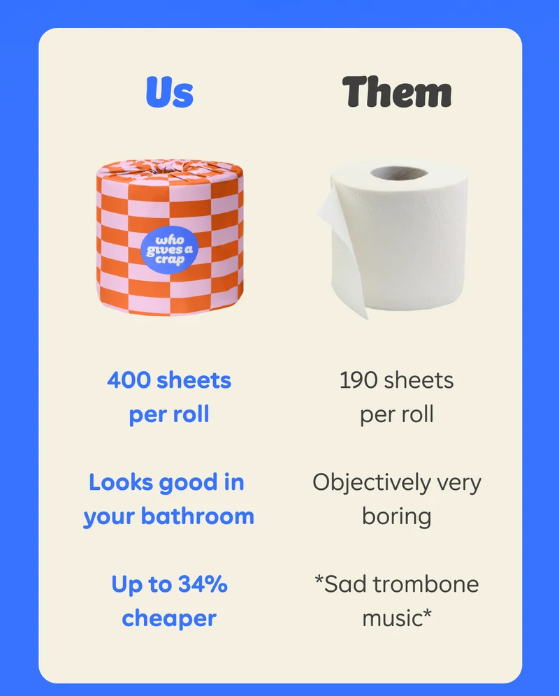 US:  400 sheets per roll Looks good in your bathroom Up to 34% cheaper  THEM:  190 sheets per roll Objectively very boring  *Sad trombone music*