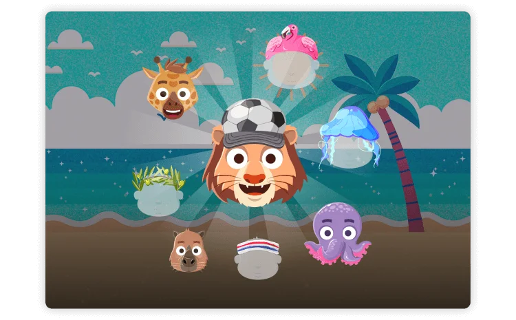 cartoon animal heads on a beach