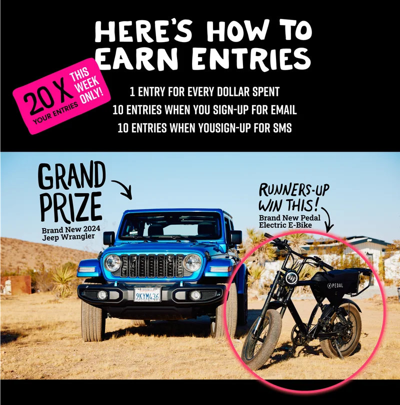 Enter our sweepstakes for your chance to win a new Jeep Wrangler, an electric bike, and more!