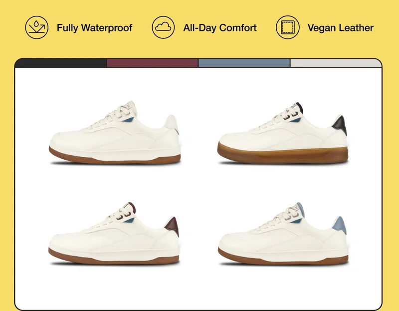 Fully Waterproof, All-Day Comfort, Vegan Leather. Quad graphic of the four colours of the Courtside Classic.
