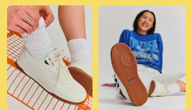 Dual graphic of people wearing the brand new Courtside Classic Sneaker.
