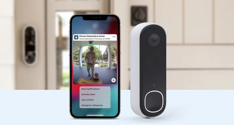 Arlo 2K video doorbell next to a phone displaying a simulated screen image of an Arlo Secure notification with animated preview.