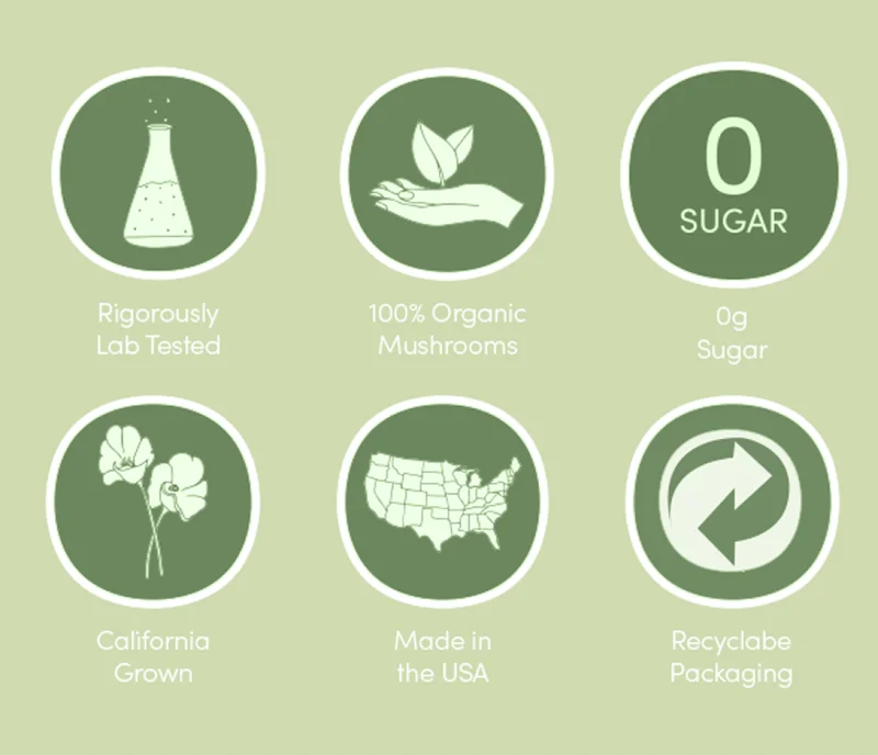 Rigorously lab tested | 100% organic mushrooms | 0g sugar | california grown | made in the usa | recyclable packaging